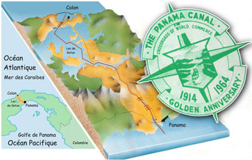 En 1964 c'était le cinquantenaire du canal de Panama. Bien que l'on passe de l'Atlantique au Pacifique on fait route au sud-est.